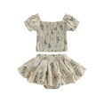 thumbnail image 1 of Bagilaanoe 2Pcs Toddler Baby Girls Skirt Set Floral Print Short Sleeve Ruched Tops + Lined Shorts Skirts 9M 12M 18M 24M 3T 4T Kids Summer Casual Outfits, 1 of 8