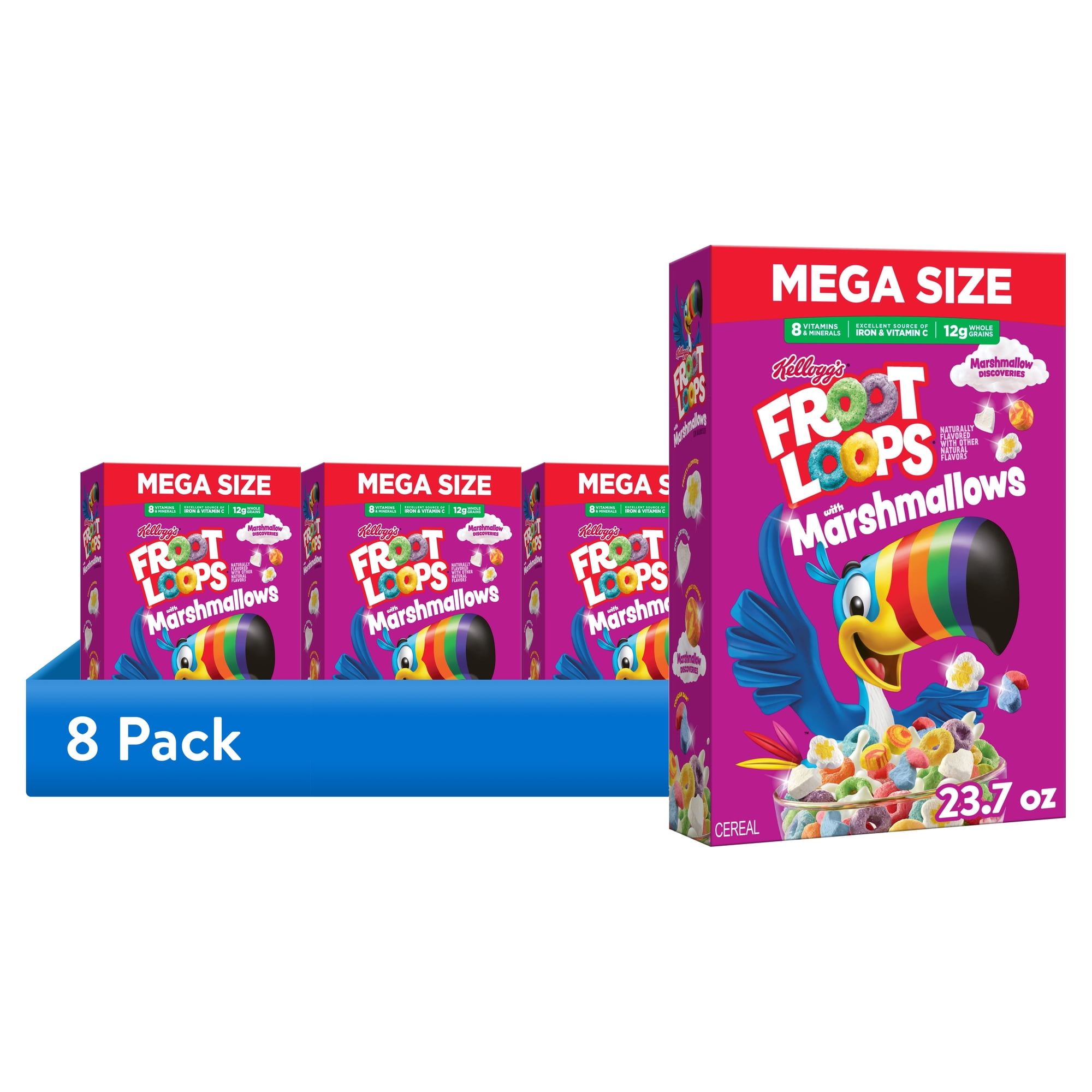 (8 pack) Kellogg's Froot Loops Original with Marshmallows Breakfast Cereal, 12g Whole Grains, Mega Size, 23.7 oz