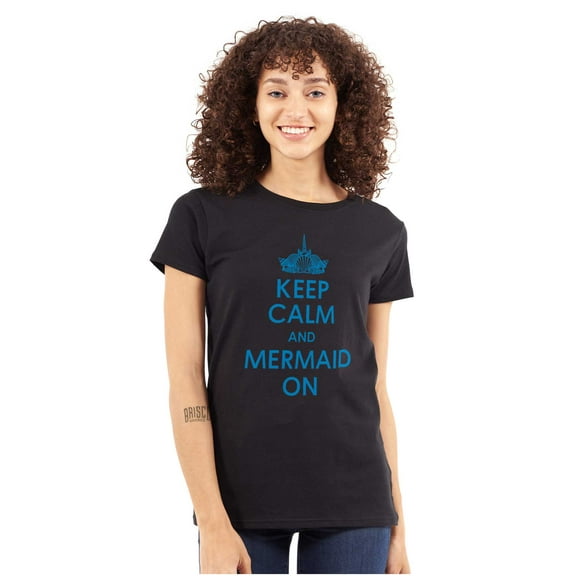 Keep Calm Mermaid On Beach Day Cute Womens Fitted Plus Size Graphic Tee Brisco Brands 2X