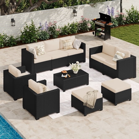 LazySunsets 10 Piece Outdoor Furniture Set Rattan Wicker Outdoor Conversation Set Patio Furniture Beige/Black