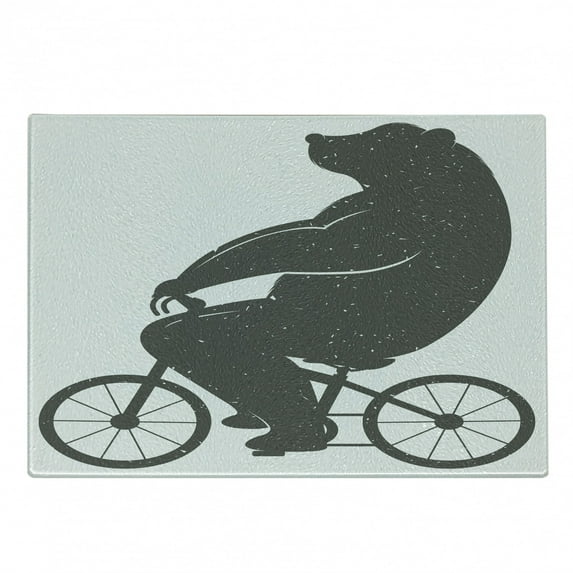 Vintage Cutting Board, Bear on a Bike Humor Parody Modern Funny Cycling Hipster Art Print, Decorative Tempered Glass Cutting and Serving Board, Small Size, Grey, by Ambesonne