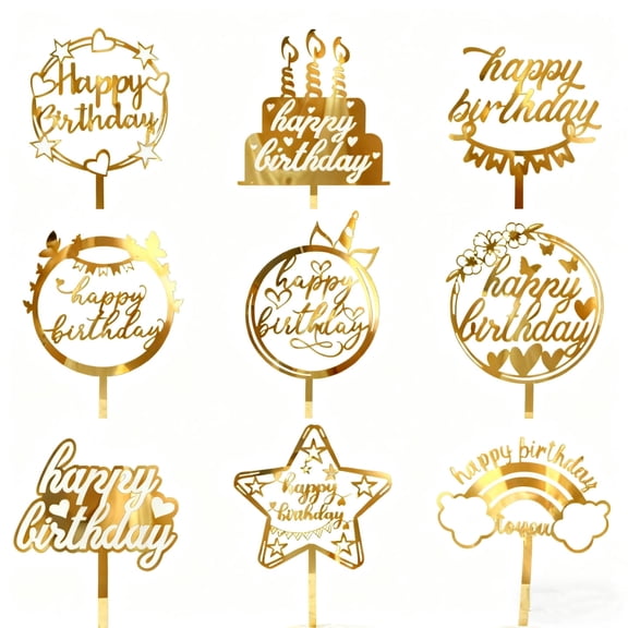 9Pcs Gold Happy Birthday Cake Toppers Acrylic DIY Cake Topper Decoration for Birthday Event Party Supplies