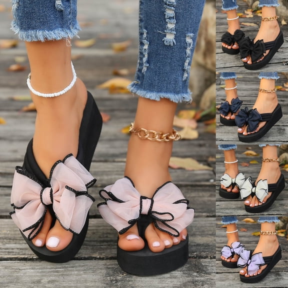 YTCAMLO Wedge Flip Flops for Women, Fashion Summer Beach Anti-Slip Slip On Sandals, Cute Bowknot Comfortable Thong Slippers