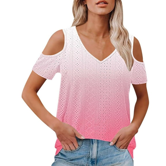 Women Cold Shoulder Tops Short Sleeve V Neck Summer Tee 2025 Fashion Outfits Casual Gradient Color T Shirts