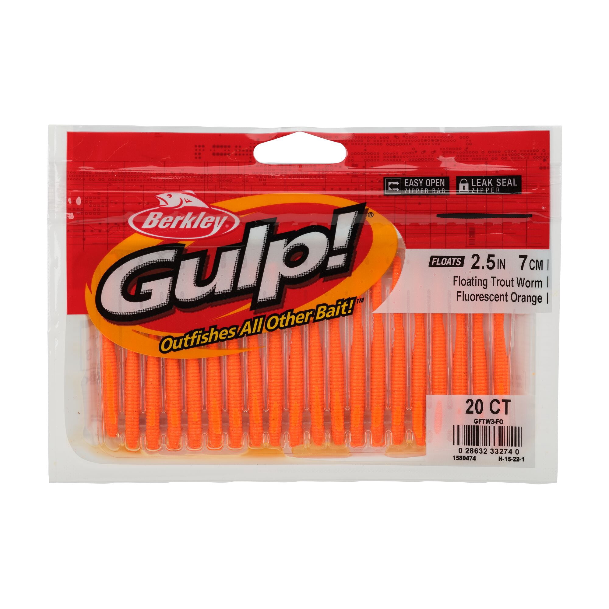 Berkley Gulp!® Floating Trout Worm, 2.5 in, Worms, Fluorescent Orange (20 Count)