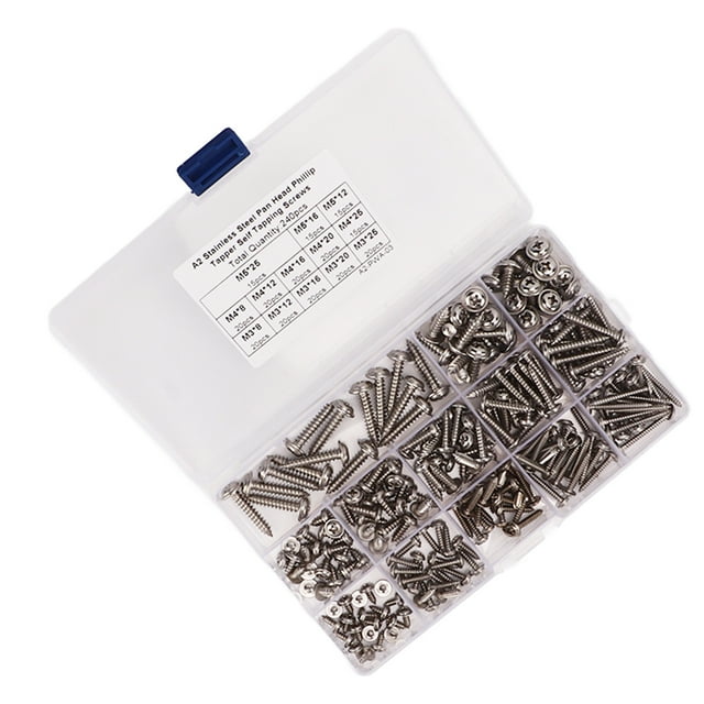 Kit d'Assortiment de Vis Auto-Tappantes en Acier Inoxydable 304 Premium - Tête de Poêle M3, M4, M5 avec Design Anti-Resserrement, Idéal pour Applications en Bois, Métal et Plastique, Comprend 240 Pcs et Rangement