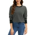 thumbnail image 1 of Suéter de punto a rayas para mujer ATHLECHIC, cuello redondo, holgado, con aberturas laterales, tops casuales de otoño, L negro-blanco, 1 of 5