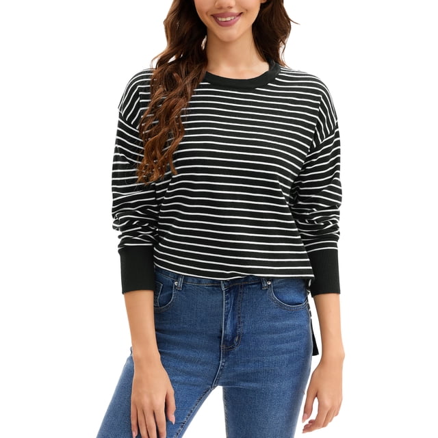 Suéter de punto a rayas para mujer ATHLECHIC, cuello redondo, holgado, con aberturas laterales, tops casuales de otoño, L negro-blanco