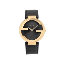 Gucci Interlocking 42mm Gold Tone Steel Black DIal Quartz Mens Watch YA133212