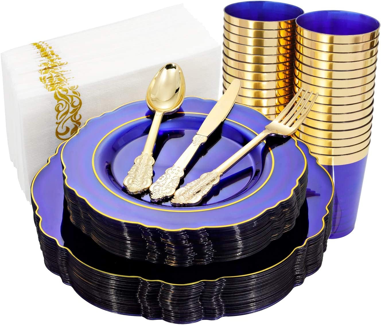 30Salad Plates 7.5inch WDF 60pcs Purple Plastic Plates Baroque Purple & Gold Disposable Plates for Upscale Graduation Parties & Wedding-including 30Plastic Dinner Plates 10.25inch 