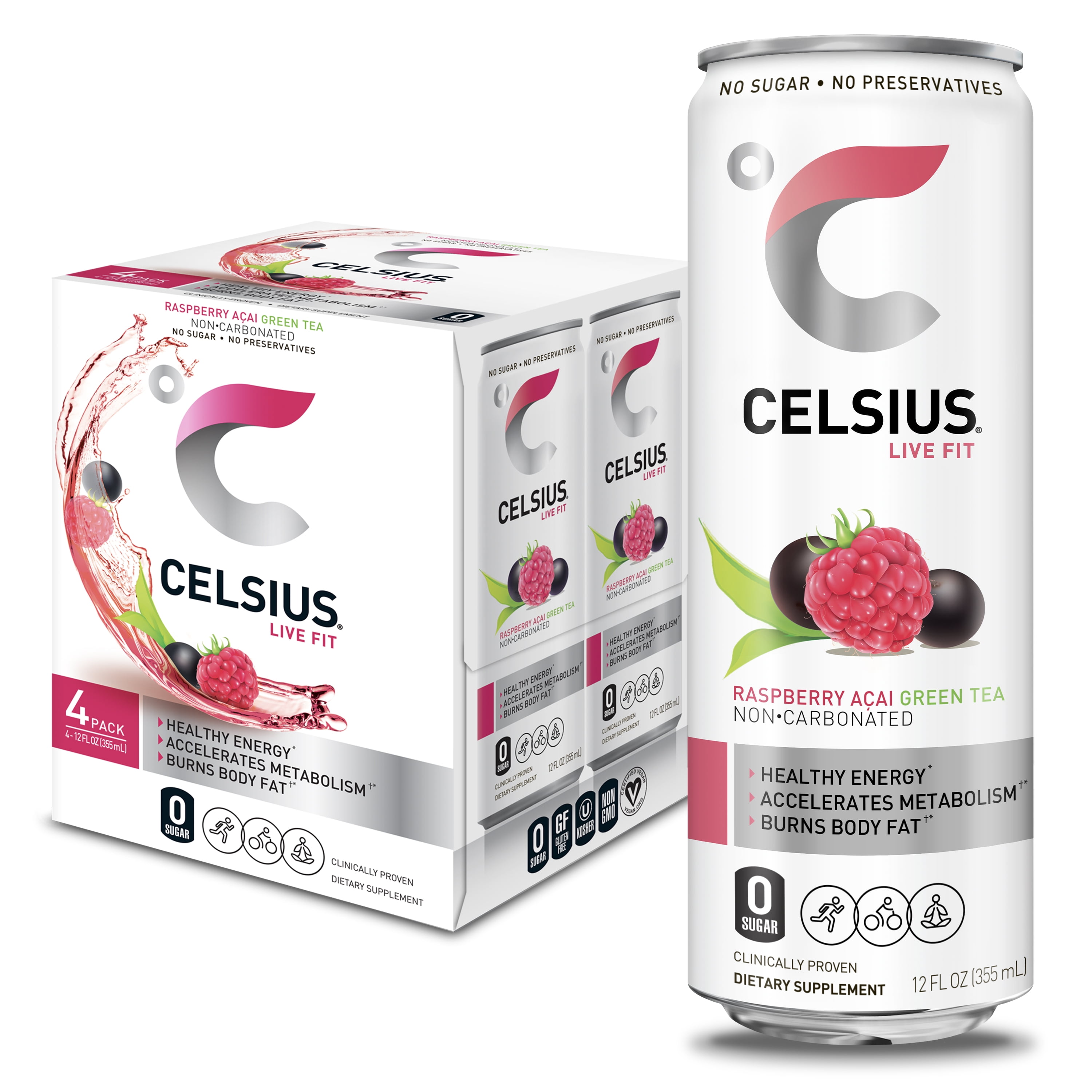 CELSIUS Raspberry Acai Green Tea NonCarbonated Fitness Drink, Zero Sugar, 12oz. Slim Can, 4