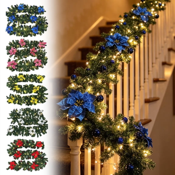 Christmas Artificial Pine Garland with Lights, Hanging Wreath with Realistic Branches, Indoor Outdoor Xmas Decor for Front Door,Mantel,Stair Handrail