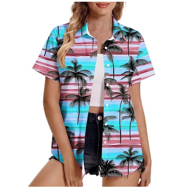 Pantalones Cortos para las Mujeres Sexy, Blusas de Estilo Hawaiano Impreso, Botón Arriba Cuello Turndown Superior