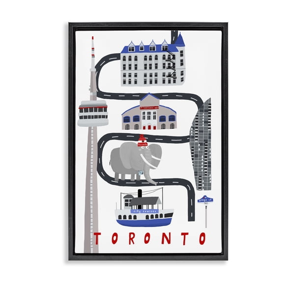 Stupell Industries Toronto Whimsical Travel City Cityscapes Painting Black Floater Framed Canvas Art Print Wall Art, 17 x 25