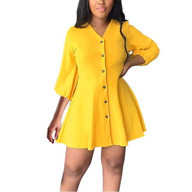 Ketyyh-chn99 Robes d'Été pour Femmes Grande Taille Robe Élégante pour Femme Robe de Fête Décontractée Robes T-shirt à Manches Longues Robe Bohème de Plage Jaune, TG