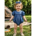 thumbnail image 6 of BemeyourBBs Newborn Baby Girls Summer Clothes Cute Western Cowgirl Outfits Infant Girl Denim Bubble Romper Puff Short Sleeve Round Neck Jeans Bodysuit and Headband Set, 6 of 9