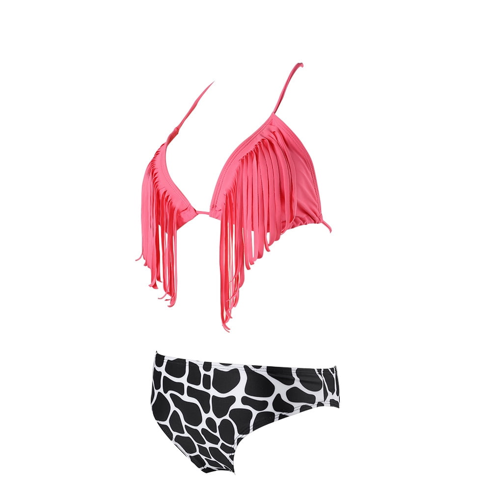 Women's Slim Low-Rise Fringe Bikini Two-Piece Swimsuit Animal Print Bottom
