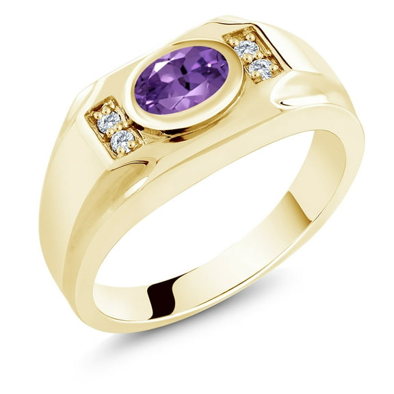 Gem Stone King Men's 18K Yellow Gold Plated Silver Purple Amethyst and White Moissanite Ring (1.30 Cttw, Gemstone February Birthstone, Oval 8X6MM,, Size 7)