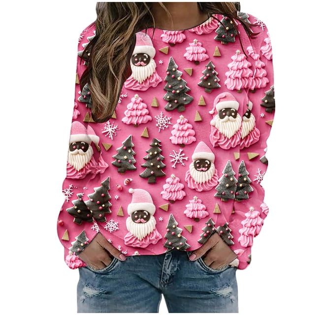 lcziwo Chandail en Molleton de Noël pour Femmes Mignon Imprimé Père Noël Graphique Chandails en Molleton Imprimés Manches Longues Col Rond Chandail de Vacances Rose, TG