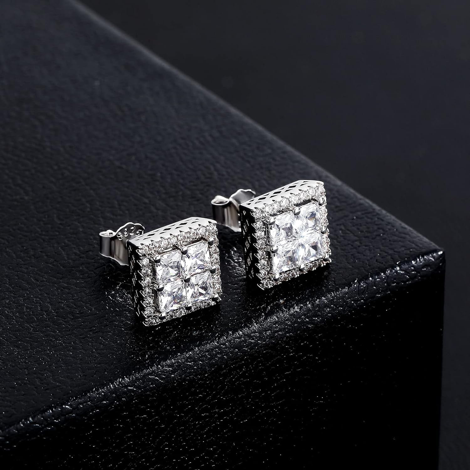 Square Screw Stud Earrings For Men 5A+ Cubic Zirconia 925 Sterling Silver Screw Stud Back Square Flat Cartilage Hypoallergenic Stud Earrings