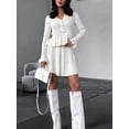 thumbnail image 4 of Women'S Two-Piece Knit Set Long Sleeve V-Neck Sweater with Ruffle Hem Mini Skirt Loungewear White M, 4 of 7