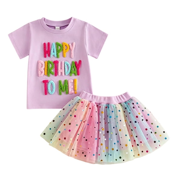 Bainana Summer Birthday Outfit Set For Kids Girls Happy Birthday Print Short Sleeve Tops And Polka Dot Tulle Skirt Set Cute Toddler Girls 2 Pieces Clothing Sets Light Purple Size 12-18 Months