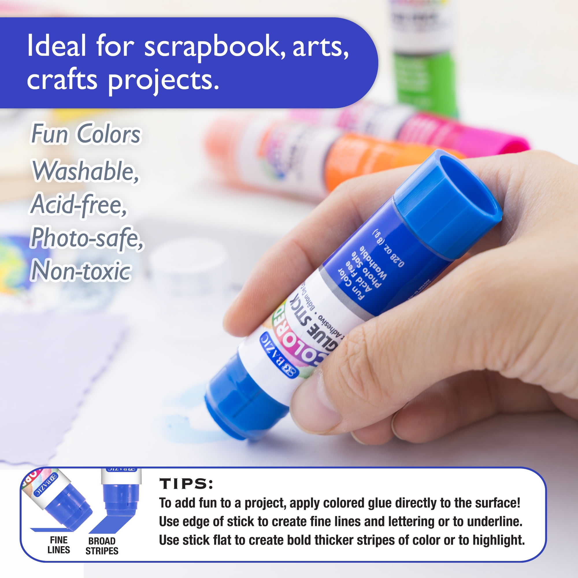 BAZIC Washableed Glue Stick 8g/0.28 Oz, Acid Glue Sticks (4/Pack), 24-Packs