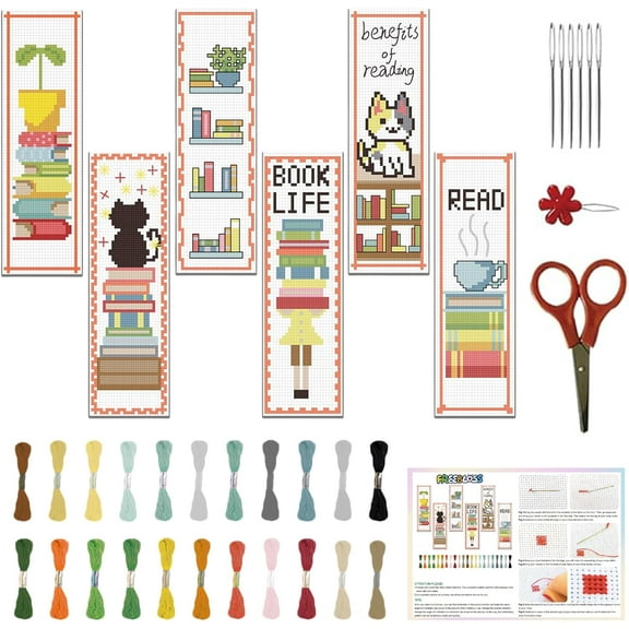 6 Set Cross Stitch Bookmark Kit Cross Stitch Kit Cute Stamped Embroidery Bookmark with Instruction Cross Stitch Kits 8x2.4inch