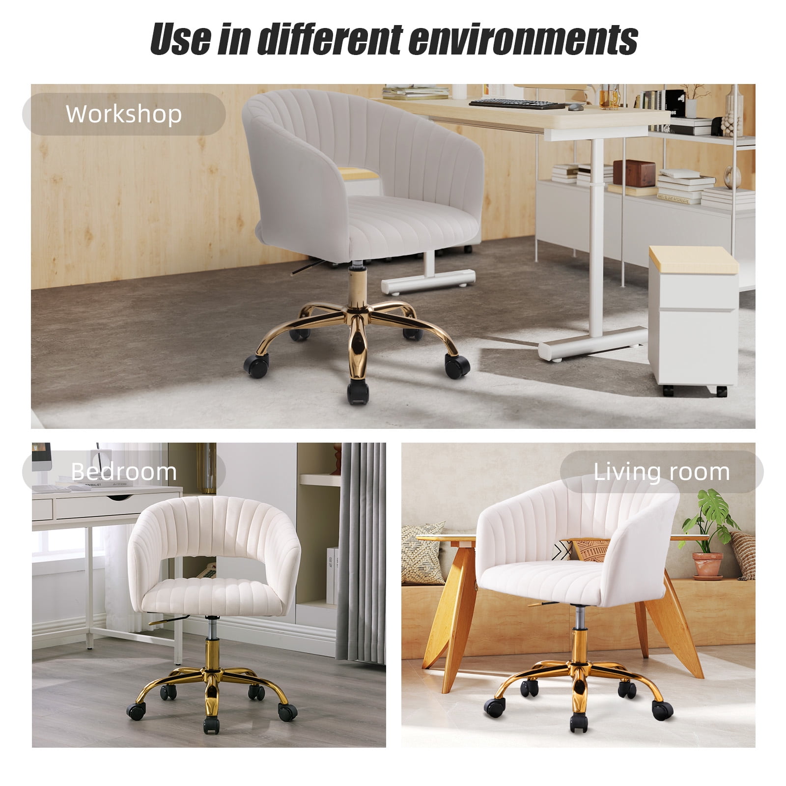 MOONMISS Modern Velvet Office Chair with Gold Base,Adjustable Swivel Desk Chair with Wheels,Low Back Rolling Vanity Chair,Ivory