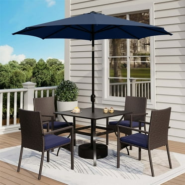 6 Pieces Outdoor Patio Dining Set with 10 Ft Umbrella Square Metal Table & Wicker Chairs Furniture Set- Navy Blue