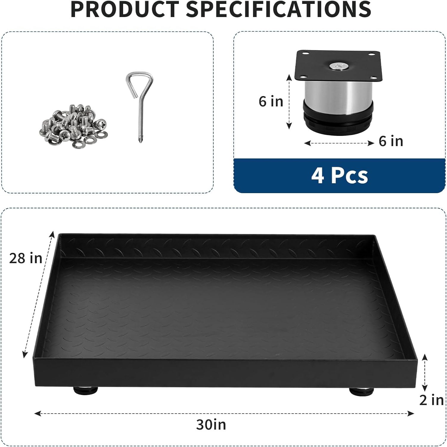 Studyset Heavy-Duty Carbon Steel Washing Machine Pan - 24x24x2in Rust-Free Water Damage Protection with 4 Anti-Vibration Feet, Easy Install No-Hole Design