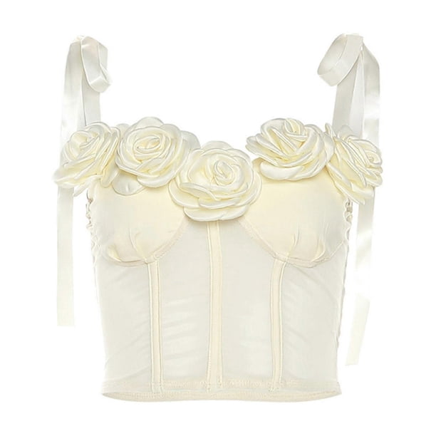 Women Sleeveless 3d Rose Flower See Through Mesh Bustiers Crop Top Aesthetic Tie Shoulder Straps Corsets Camisole Vests Black S