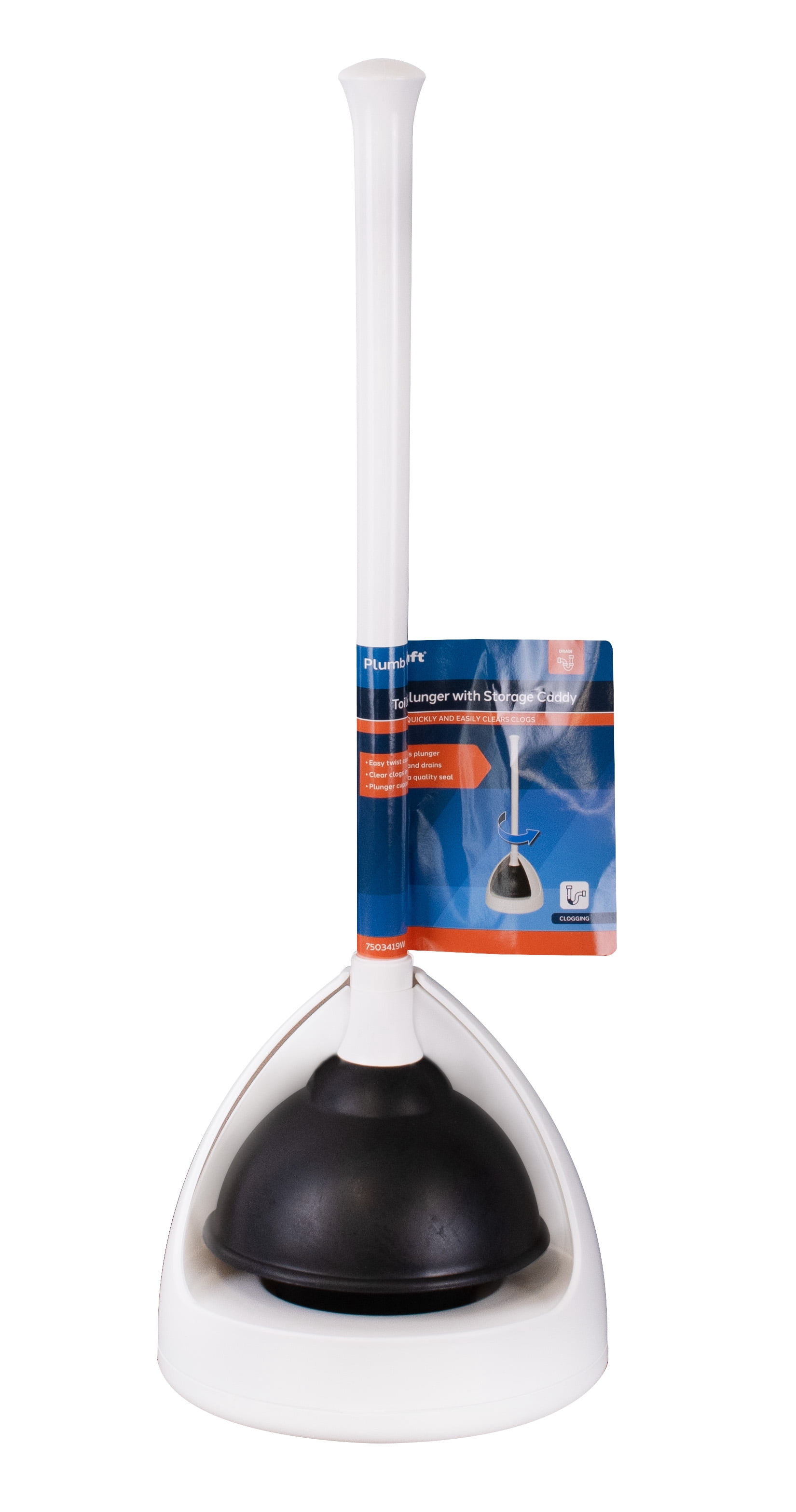 New Plumb Craft Toilet Plunger Drain Plunger with White Twist Caddy Storage Holder