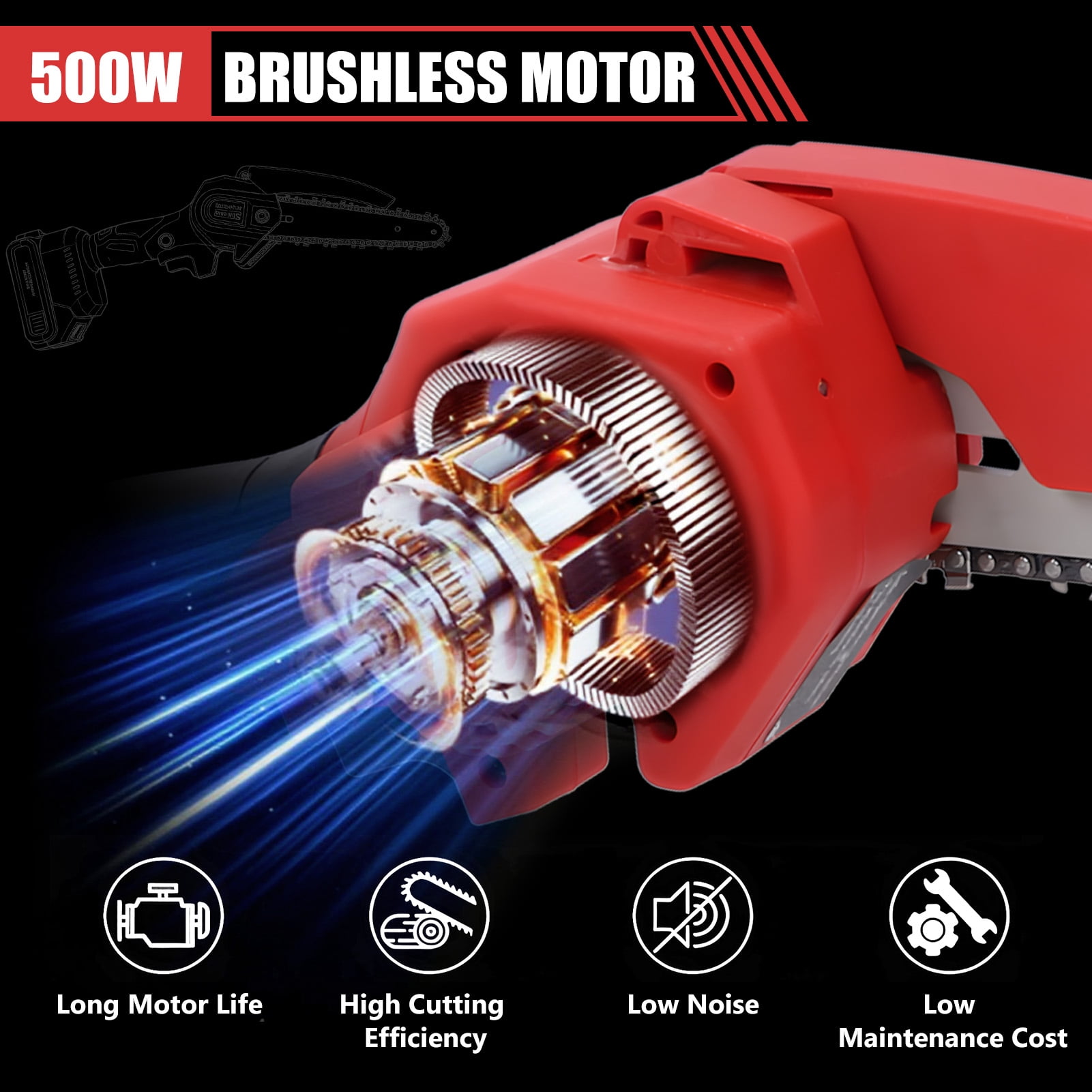 2-in-1 Brushless Cordless Pole Saw,6+8in Mini Chainsaw & Pole Saw with 2pcs 2.0A Batteries, 13.6ft Max Reach Brach Tree Saw Telescoping Extension Rod for Wood Tree Trimming Wood Cutting,Red