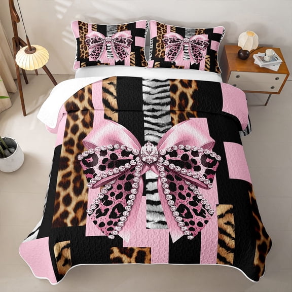 Erosebridal Pink Leopard Ribbon Twin Quilt Set for Boys Girls, Modern Cheetah Print Twin Coverlet Set, 2pcs
