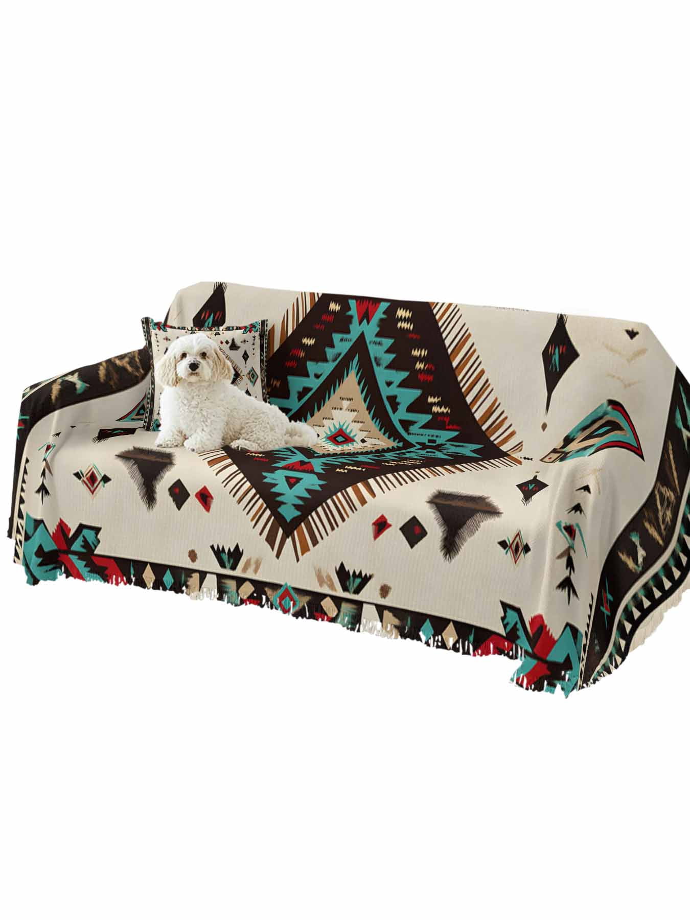 Red Teal Brown Southwestern Couch Cover, Ethnic Geometric Boho Retro Sofa Cover Blanket for 3 Cushion Couch, Sectional Sofa Slipcover Furniture Protector for Living Room Bedroom 71''x134''