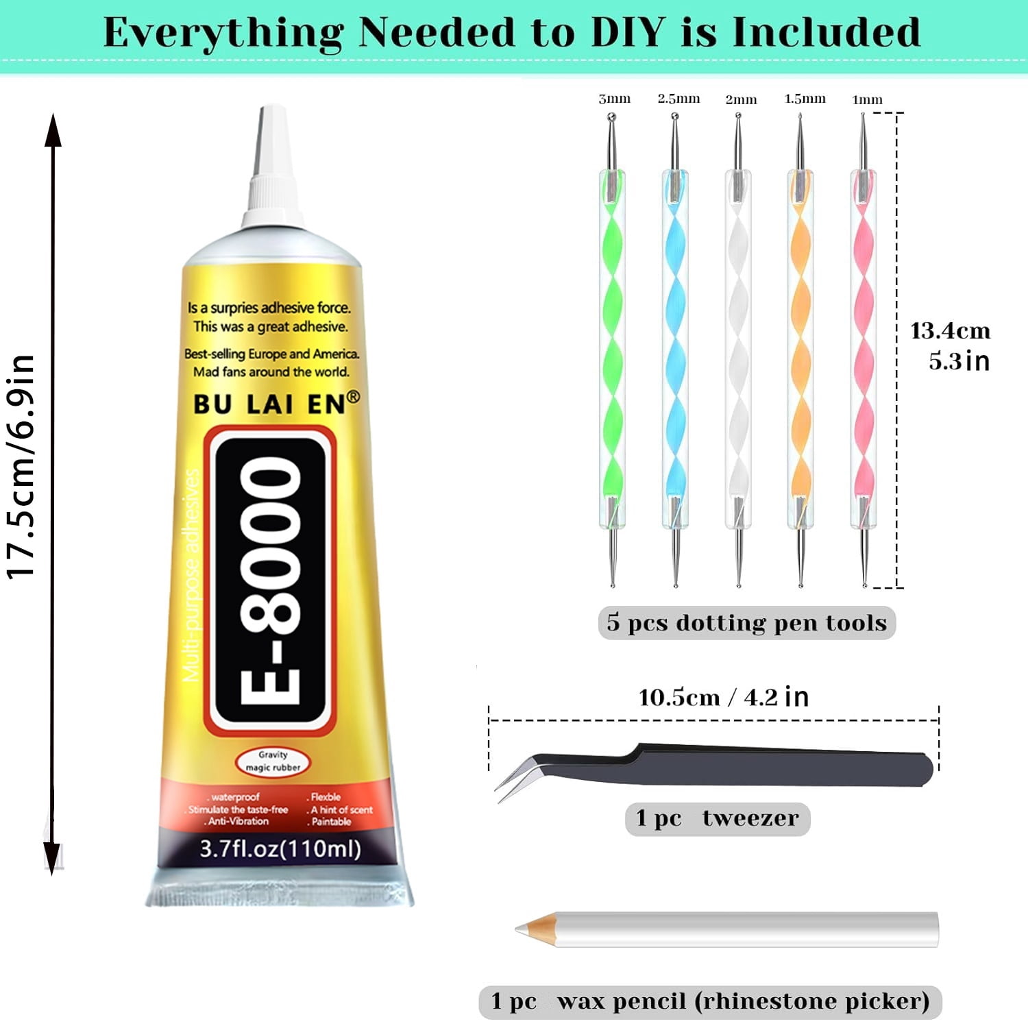 6 Count 110ml/3.7 Fl Oz E8000 Clear Multi-Purpose Adhesive Kit with Dotting Pens, Wax Pencil & Tweezer, for Jewelry Making, DIY Crafts and Home Daily Repair