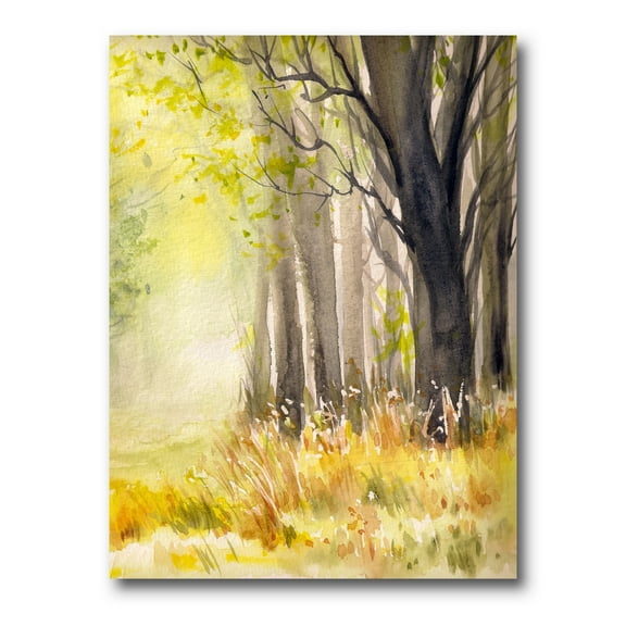 Designart ' Bright Sunshine Through The Yellow Forest Trees II ' Traditional Canvas Wall Art Print