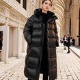 thumbnail image 1 of Chaqueta larga de plumón para mujer, chaqueta de plumón de pato blanca con capucha, versión coreana, color negro y dorado, longitud media, ajustada, de invierno, 1 of 5