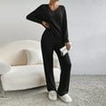 thumbnail image 4 of FYMNSI Womens Pajama Sets Long Sleeve Pjs Lounge 2 Piece Outfit Ribbed Knit V Neck Sleepwear with Pockets M Black, 4 of 6