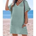 thumbnail image 4 of Swimsuit Coverup for Women Waffle Knit V Neck Short Sleeve Beach Coverup Dress with Pockets Bean Green XXL, 4 of 8