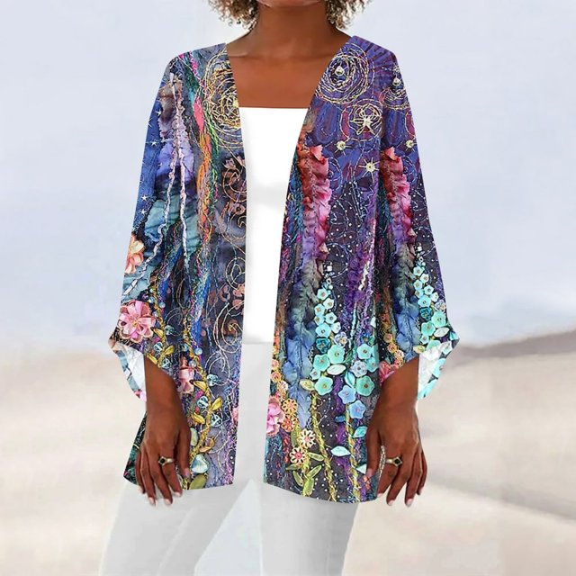 OUSITAID Cardigan pour Femmes Mode Décontractée Rétro Imprimé Léger Longueur Moyenne Veste Cardigan Noir L