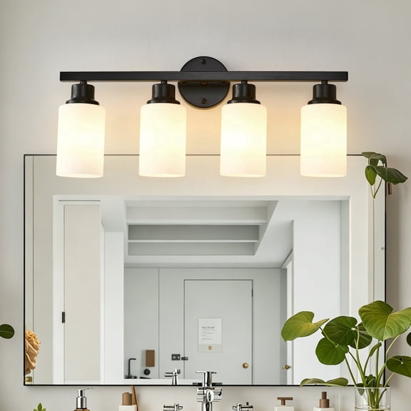4-Light Matte Black Modern Vanity Light with White Glass Shades, E26 Base
