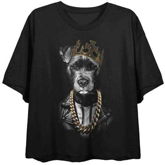 Dog With Leather Jacket & Crown Crew Neck Short Sleeve Women's Black Crop Top-Medium