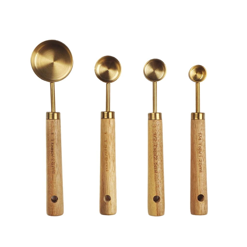 4Pcs/set Measuring Spoon Set Wooden Handle Stainless Steel Measuring Cups  Spoons Baking Tools Coffee Bartending Scale Kitchen Accessories