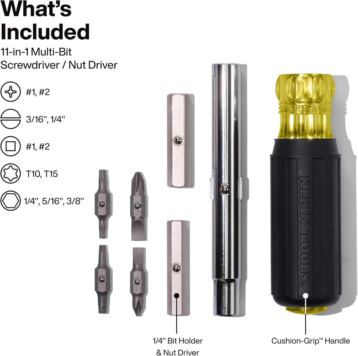 32500 11-in-1 Screwdriver/Nut Driver Set, 8 Bits (Phillips, Slotted, Torx, Square), 3 Nut Driver Sizes, Cushion Grip Handle