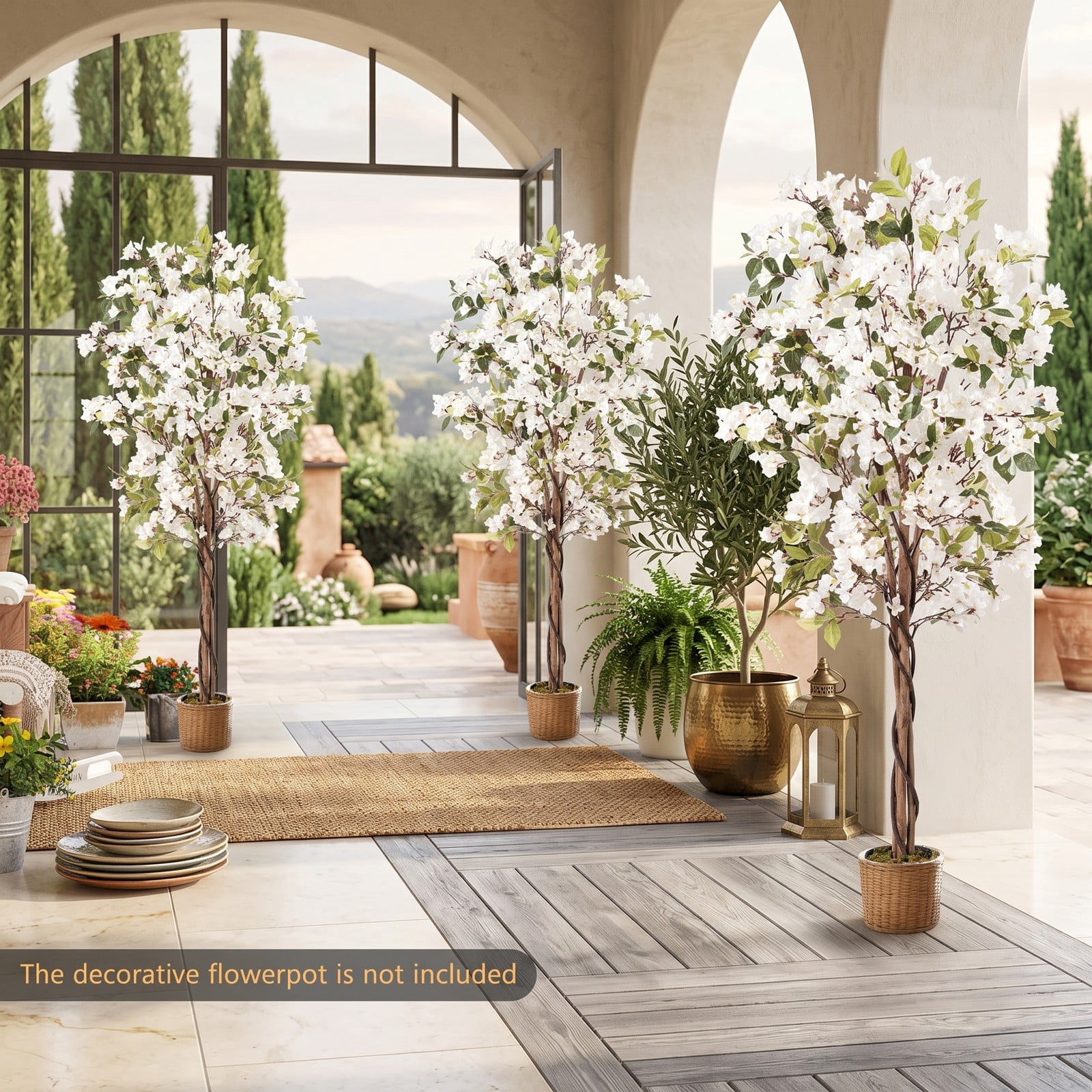 ALPULON 6 FT Artificial Bougainvillea Tree with 910 White Flowers, Faux Silk Flower Tree with Cement-Filled Planter for Indoor Outdoor Home Office Living Room, White
