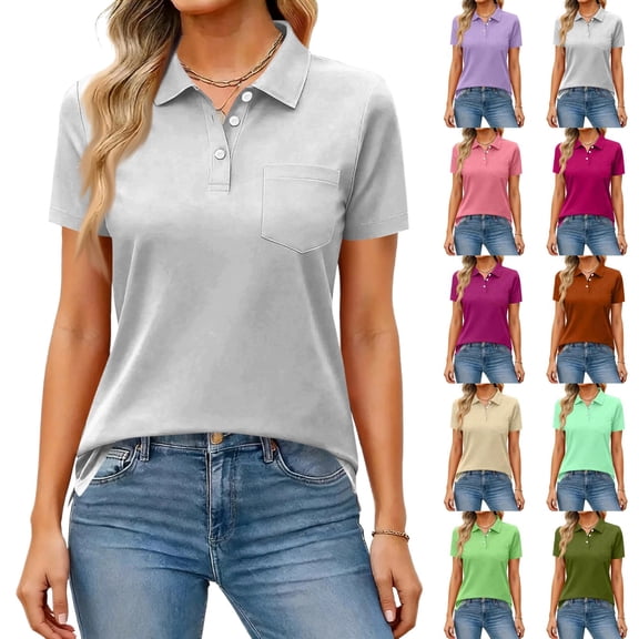 Polo Shirts for Women Summer Casual Button Placket Short Sleeve Shirts Textured Collared Golf Shirts Tops with Pocket Light Gray XL