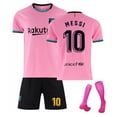 thumbnail image 1 of KEVCHE 2021 FC Barcelona Jersey 3 Piezas Sets, Adultos Futbol MESSI Jersey Number #10 Printed Soccer Jerseys Shorts Socks Set, Partido de Visita Jersey de MESSI Barcelona para Adultos, Rosa #10/L, 1 of 6