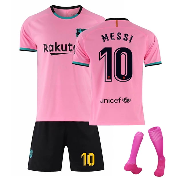 KEVCHE 2021 FC Barcelona Jersey 3 Piezas Sets, Adultos Futbol MESSI Jersey Number #10 Printed Soccer Jerseys Shorts Socks Set, Partido de Visita Jersey de MESSI Barcelona para Adultos, Rosa #10/L